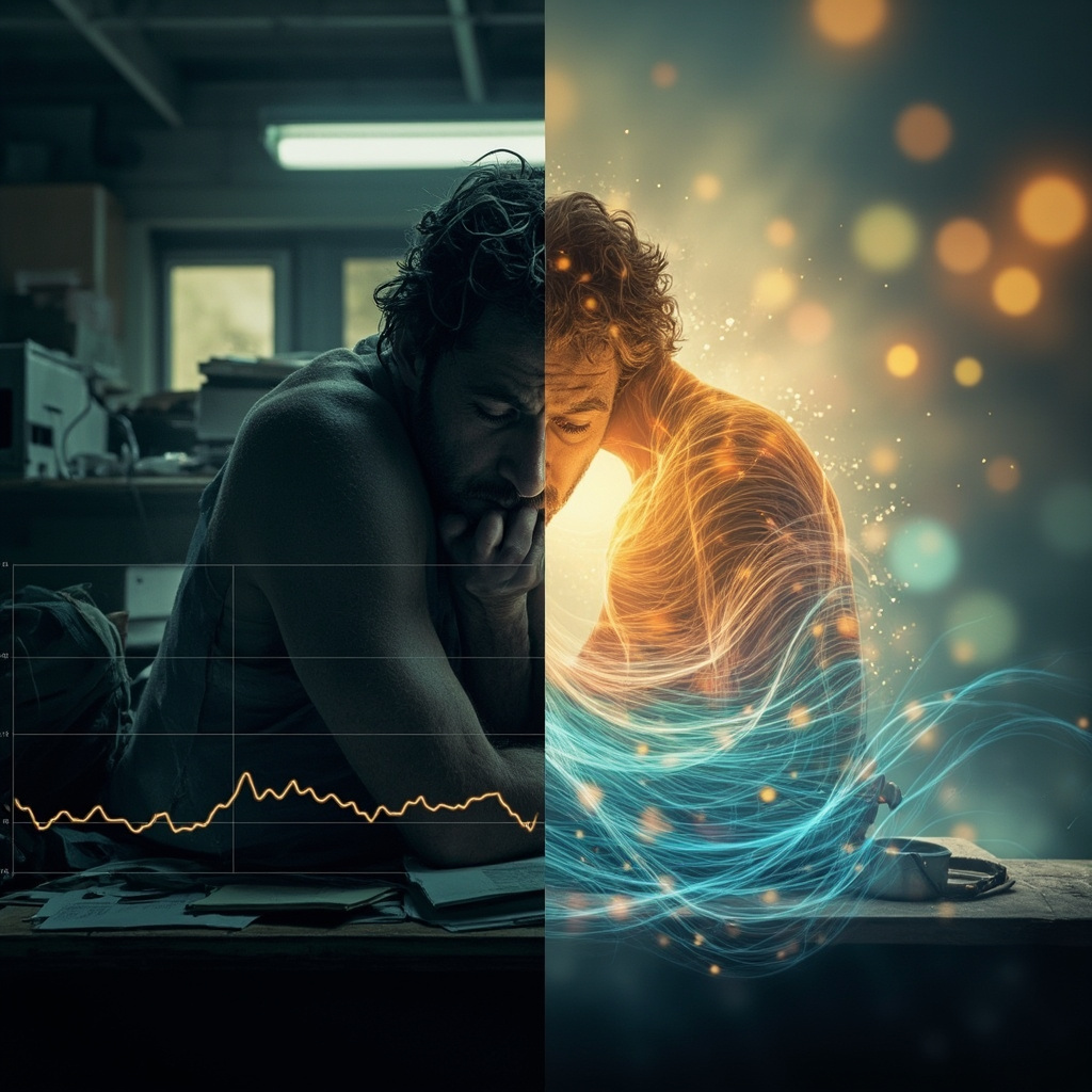Split image: left, exhausted person at desk with dim aura and low HRV graph; right, same person resting mindfully with bright energy waves and rising HRV line, serene background.