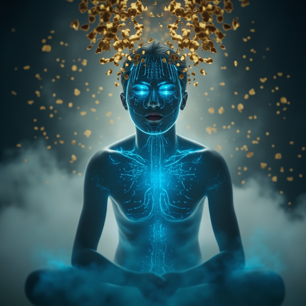 Serene person with glowing TCM points on forehead, arms, and face; soft blue energy waves calming sinuses and brain; background of pollen fading to peace.