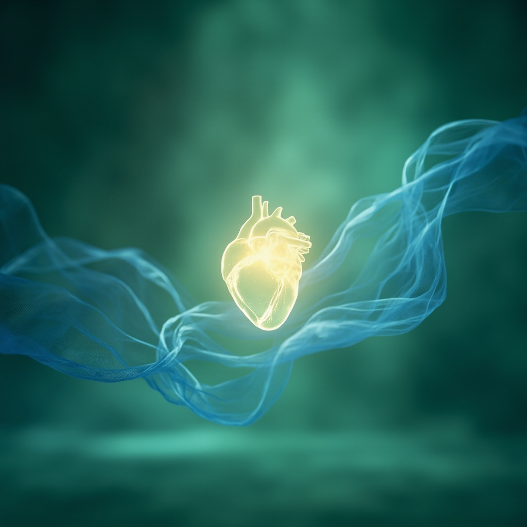 Serene glowing human heart with smooth blue sine waves radiating harmony, soft green background evoking emotional peace and balance