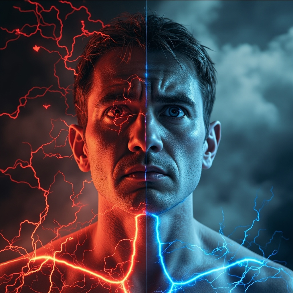 Split image: stressed person with glowing red nerves, racing heart icons, anxiety face; calm person with blue balanced nerves, relaxed pose, serene background.