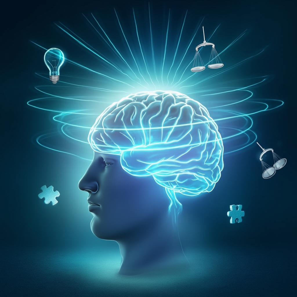 A serene illustration of a glowing human brain with pulsing blue waves in the 18-30 Hz range, surrounded by icons of concentration like solving a puzzle, a sharp lightbulb, and balanced emotional scales, in soft calming colors.