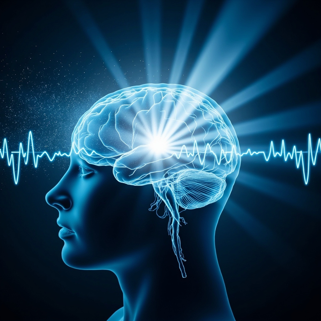 Illustration of a human brain with scattered light rays turning into a focused beam, overlaid with heart waves balancing from chaotic to rhythmic, soft blue tones symbolizing calm concentration.