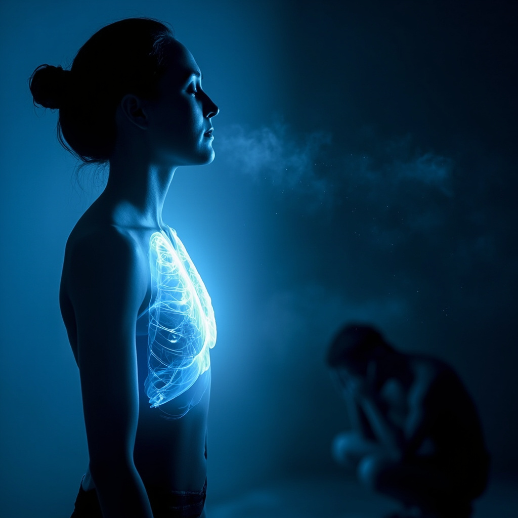 Calm person breathing deeply with glowing lungs, contrasted by anxious figure with tight chest and shallow breaths, soft blue tones for peace, anatomical subtle overlay.