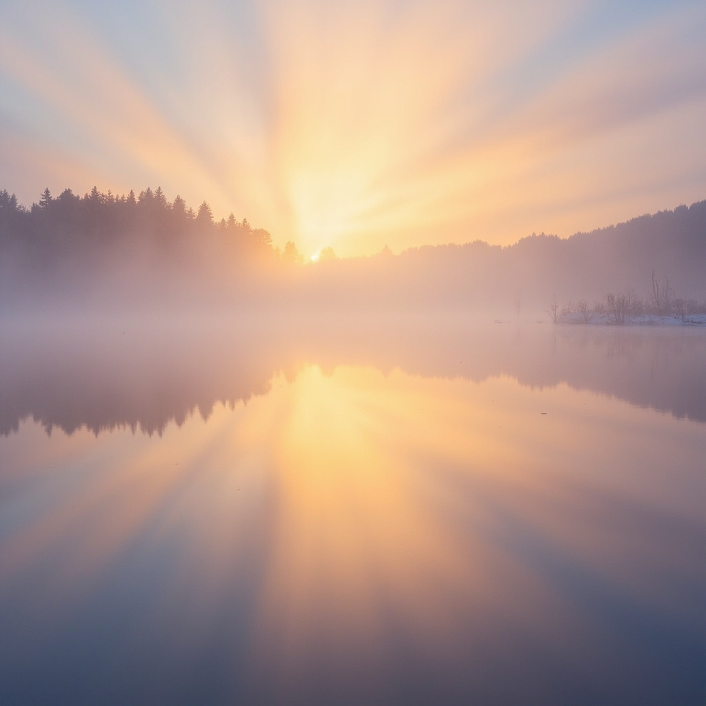 Soft winter sunrise over a calm lake, with gentle light rays piercing through mist, evoking hope, renewal, and emotional balance emerging from seasonal low mood.