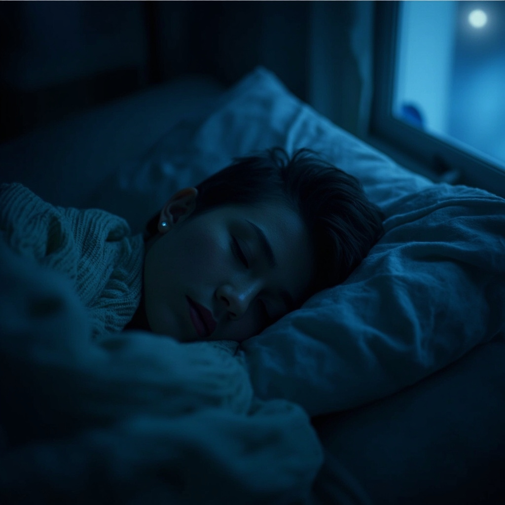 A high-quality, calming image of a person resting peacefully in a dimly lit, cozy bedroom with soft blue ambient light, emphasizing tranquility and natural balance.