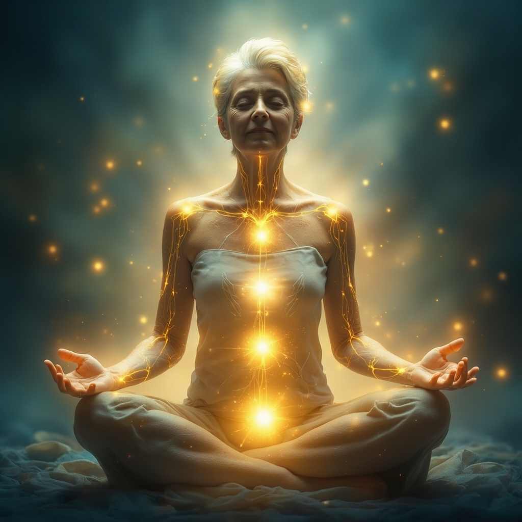 Prompt: Serene woman in 50s meditating, glowing TCM points PE9 ST15 CV3 on subtle body overlay, soft blues and golds, calm expression, menopause empowerment theme