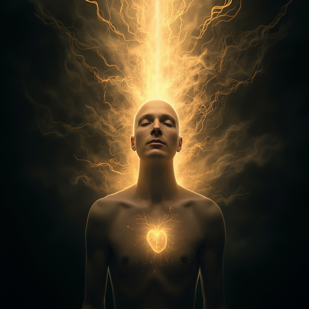 Serene person emerging from dark swirling thoughts into light, body glowing with soft frequency waves balancing brain, heart, and nerves, calm expression overcoming OCD anxiety