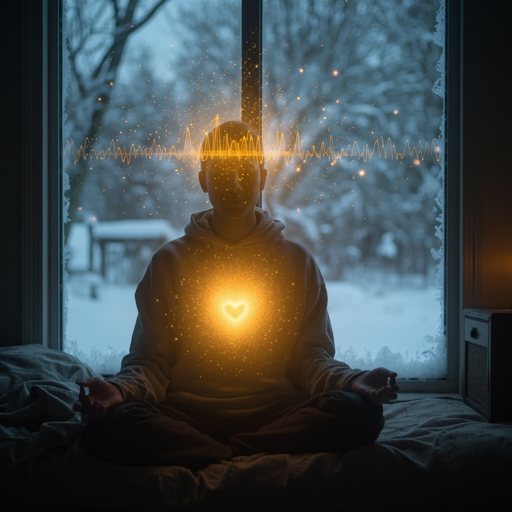 Cozy winter room with a person meditating by window, soft blue snow outside, glowing golden frequency waves harmonizing irregular heart rhythm lines into smooth patterns, uplifting energy aura around head and heart.