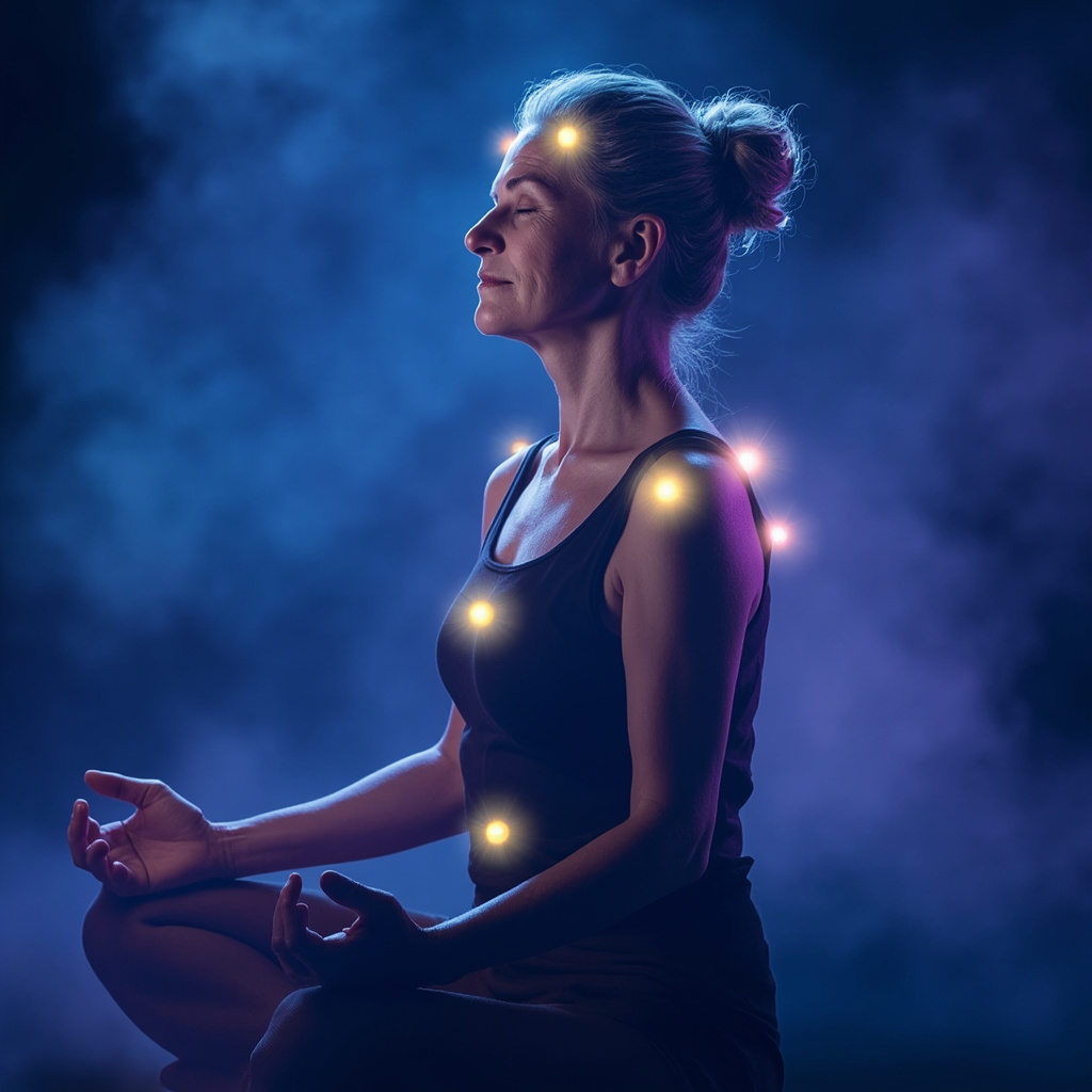 Serene middle-aged woman with soft lighting, subtle glowing lines highlighting acupuncture points on neck, temples, and head; calm expression, background of gentle waves symbolizing emotional balance during menopause.