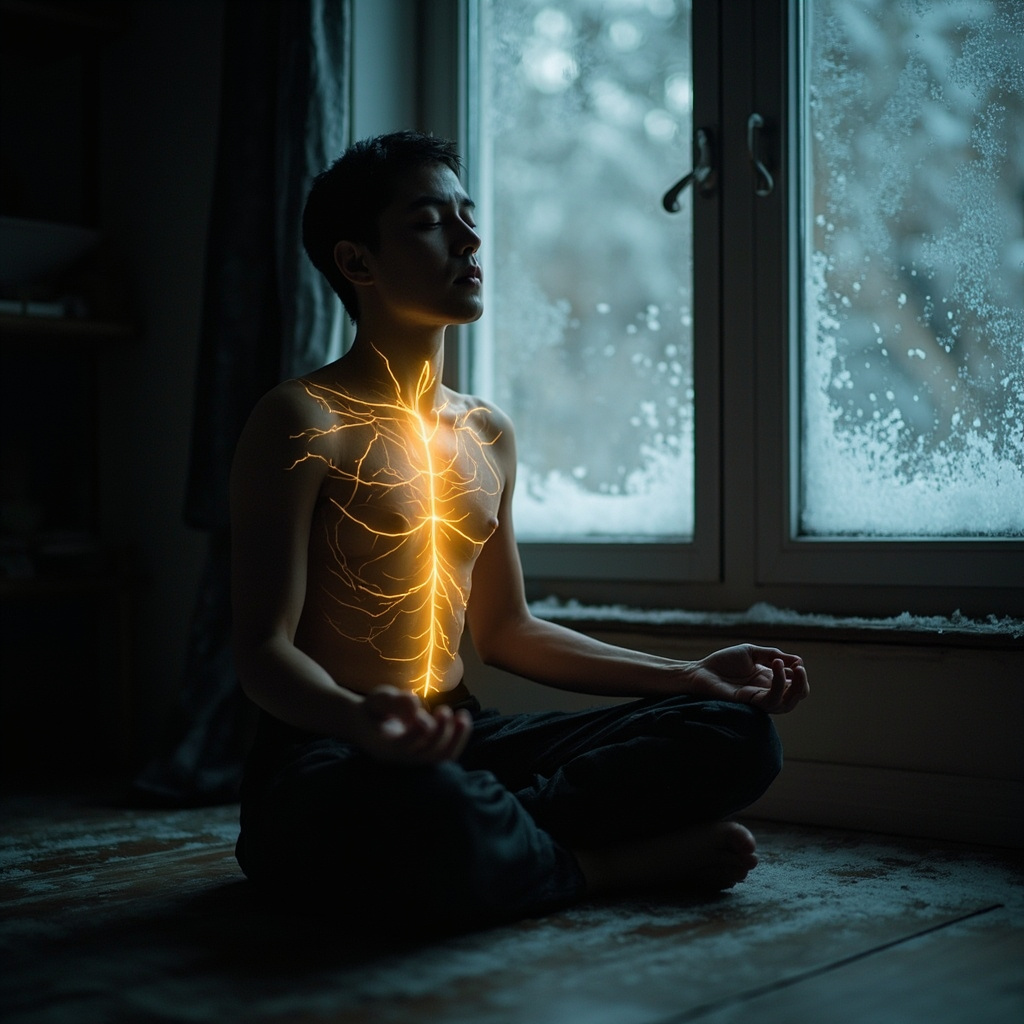 Person in dim winter room looking lethargic by window with snow, subtle glowing energy lines on body highlighting liver and chest points, warm light emerging from meditation pose, hopeful expression.