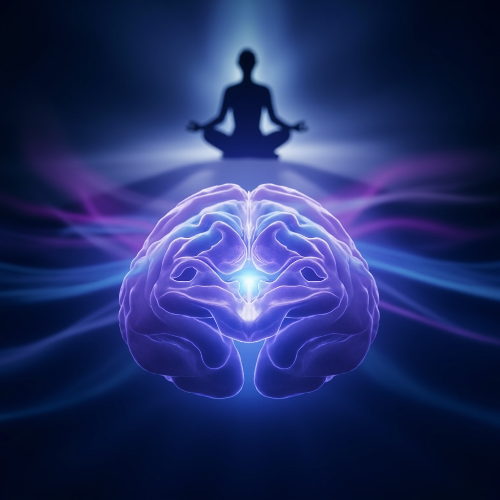 Serene brain cross-section highlighting the glowing pineal gland with soft blue and purple light waves representing melatonin flow, meditation pose silhouette in background, calm and harmonious style
