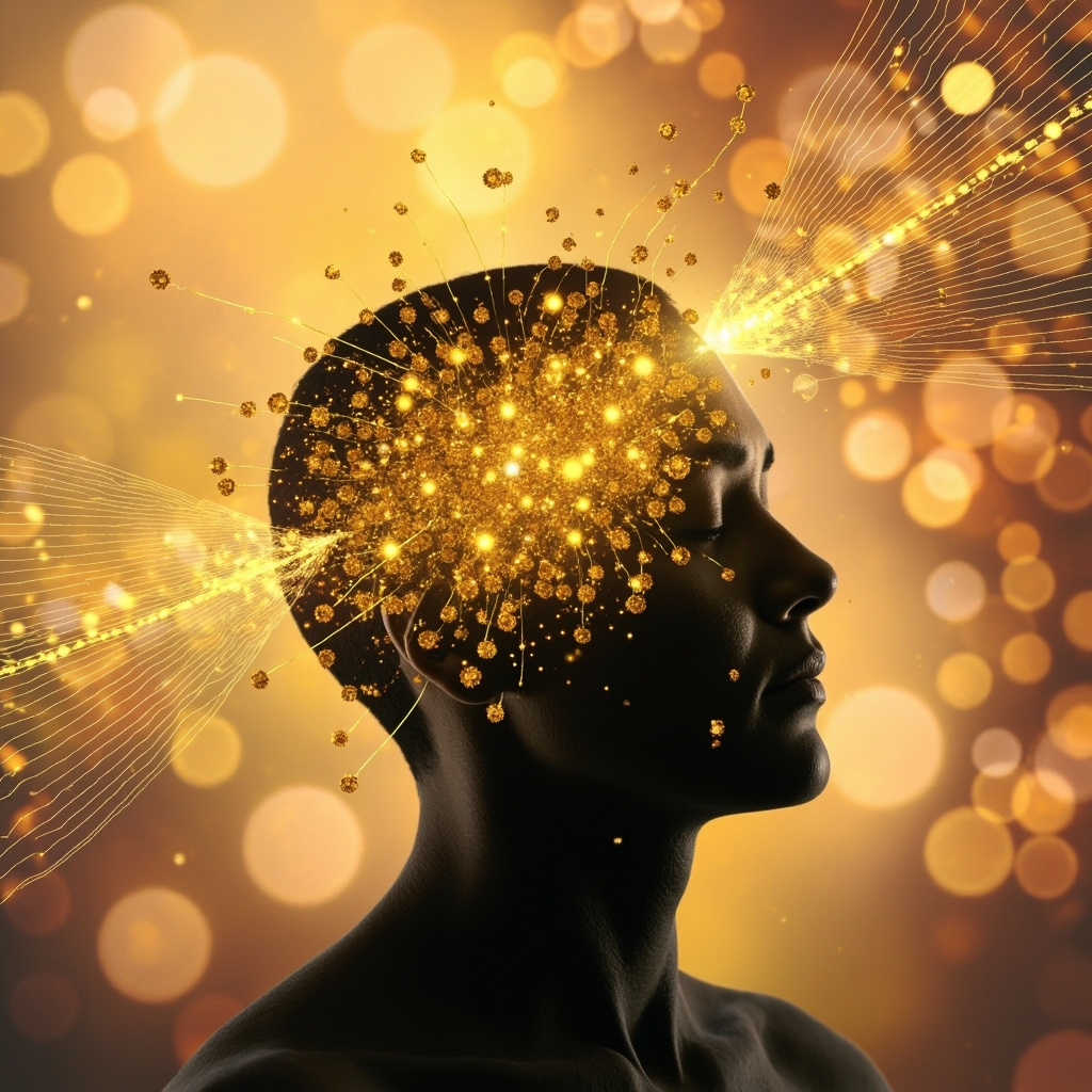 Illustration of pollen particles turning into anxiety waves in the brain, then calmed by glowing frequency lines and acupuncture points on a relaxed human silhouette against a spring background.