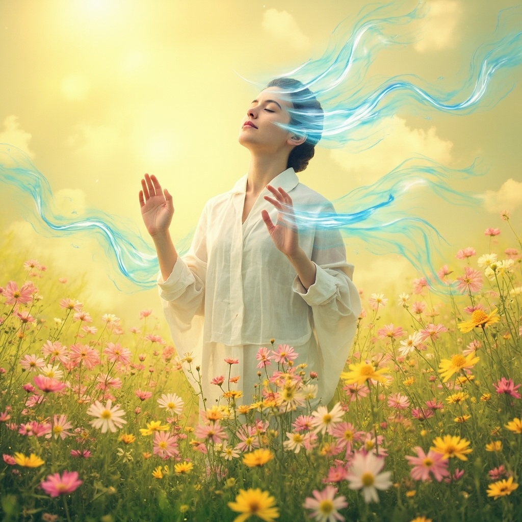Serene illustration of a person breathing deeply outdoors with spring flowers, soft blue energy waves flowing from acupuncture points on face, wrists, and back, symbolizing relief from congestion, itch, and anxiety.