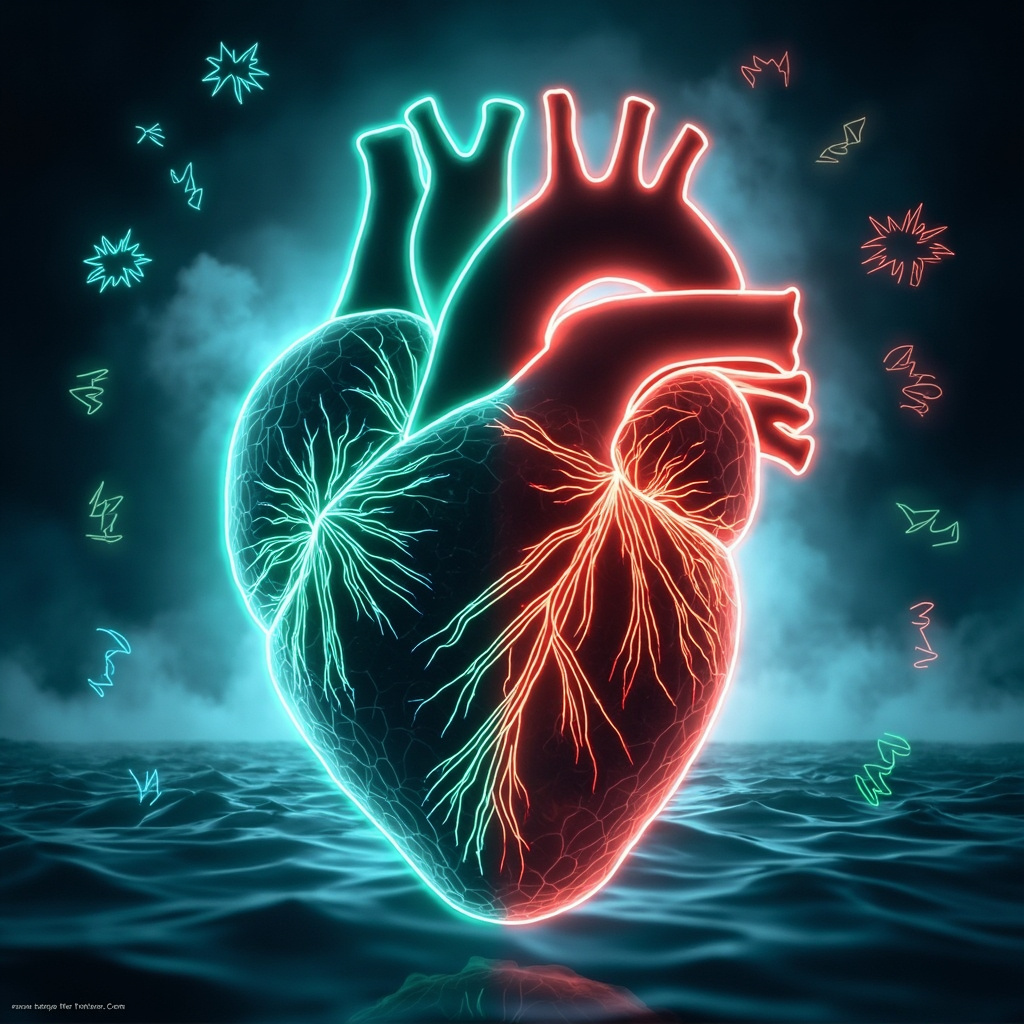 Illustration of a human heart with glowing flexible wavy lines for high HRV adaptation in blue-green tones, contrasted with rigid red lines for low adaptation, surrounded by calm waves and stress icons fading away.