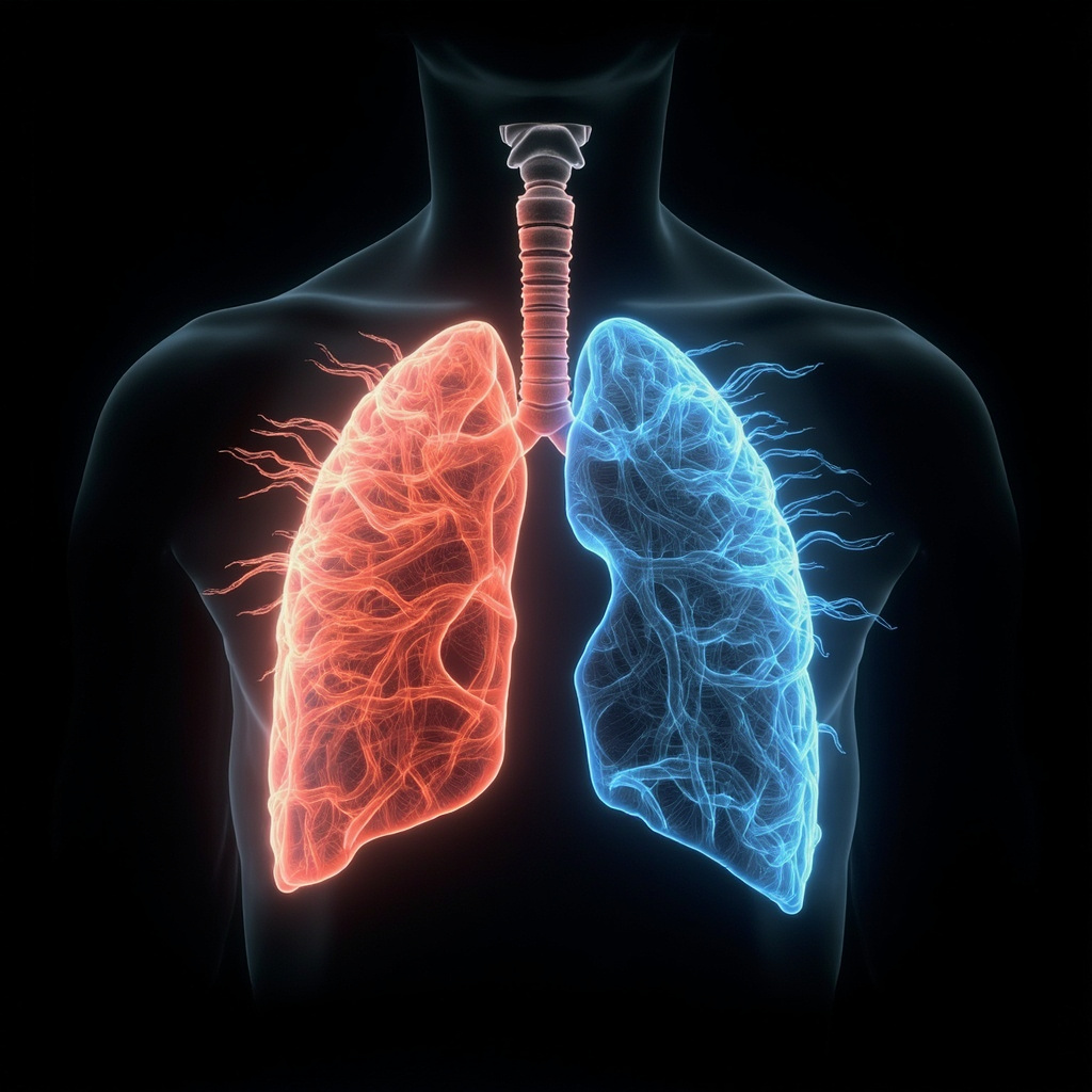 Serene anatomical illustration of the human diaphragm muscle under lungs, tense red state on left with anxiety waves, relaxed blue state on right with deep breathing and calm energy flows.