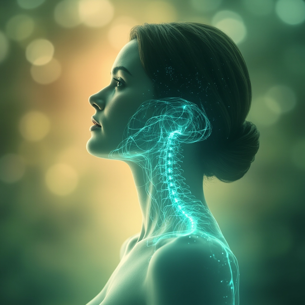 Serene illustration of thyroid gland in human neck glowing with balanced blue energy waves, calm person in background radiating vitality, soft greens and sunrise motifs.