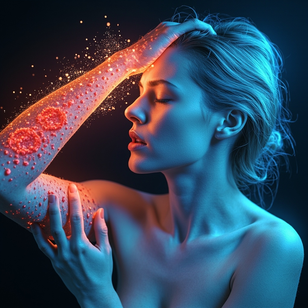 Illustration of red itchy hives on arm skin, with brain waves connecting to skin cells releasing histamine, stressed face fading to calm meditation pose, soft blue healing tones.