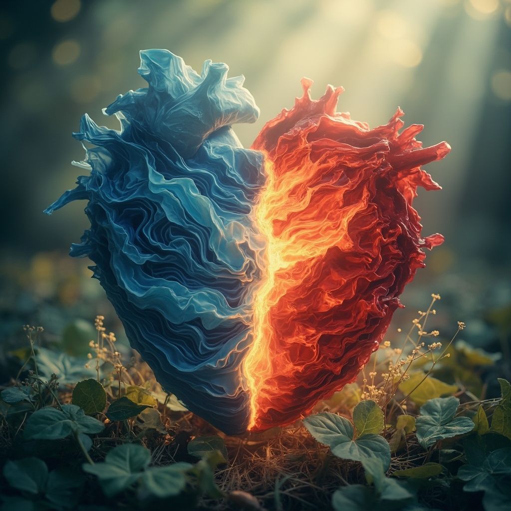 Illustration of a glowing heart with smooth, flowing blue waves for low stress index, contrasted by jagged red waves for high stress, surrounded by calm nature elements like leaves and soft light.