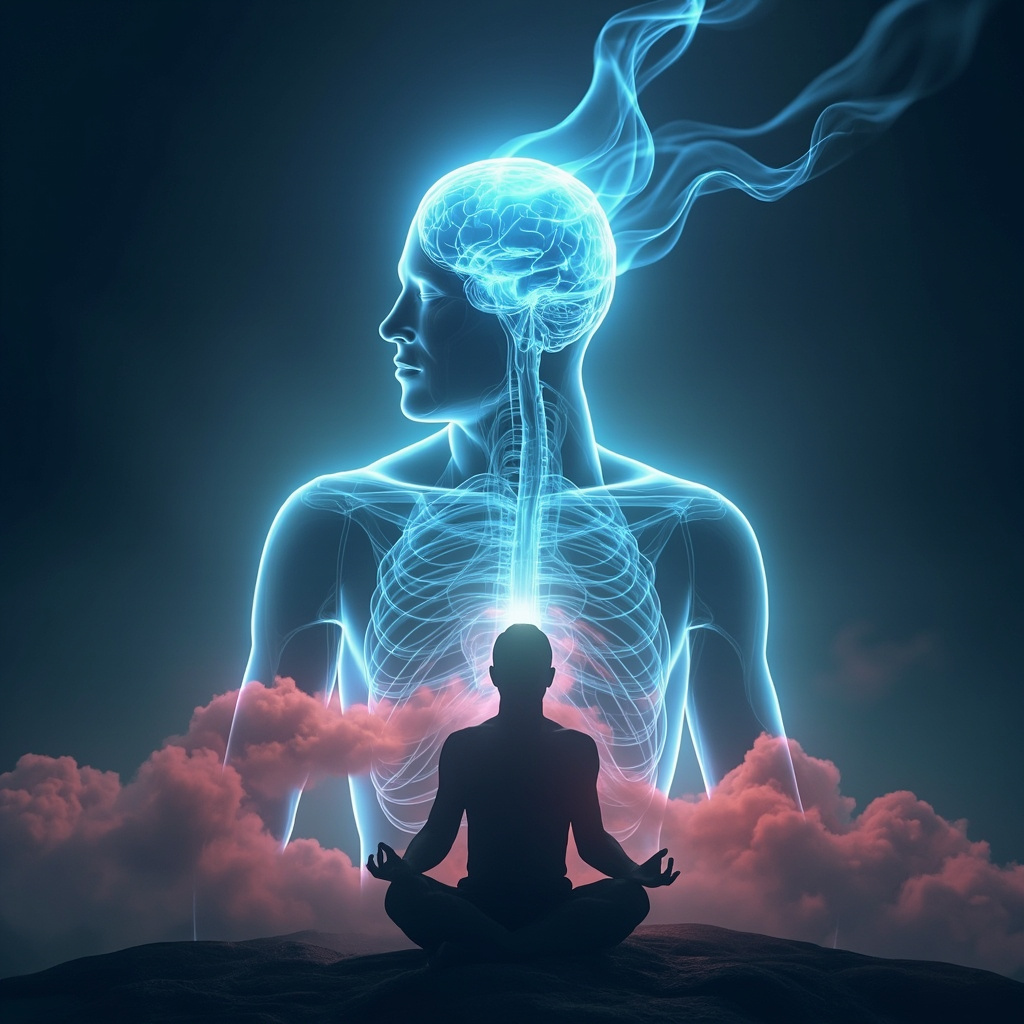 Serene digital illustration of the human pituitary gland in the brain glowing with soft blue energy waves connecting to adrenal glands on kidneys, a calm meditating figure in foreground with dissipating red stress clouds, medical yet ethereal style, high resolution.