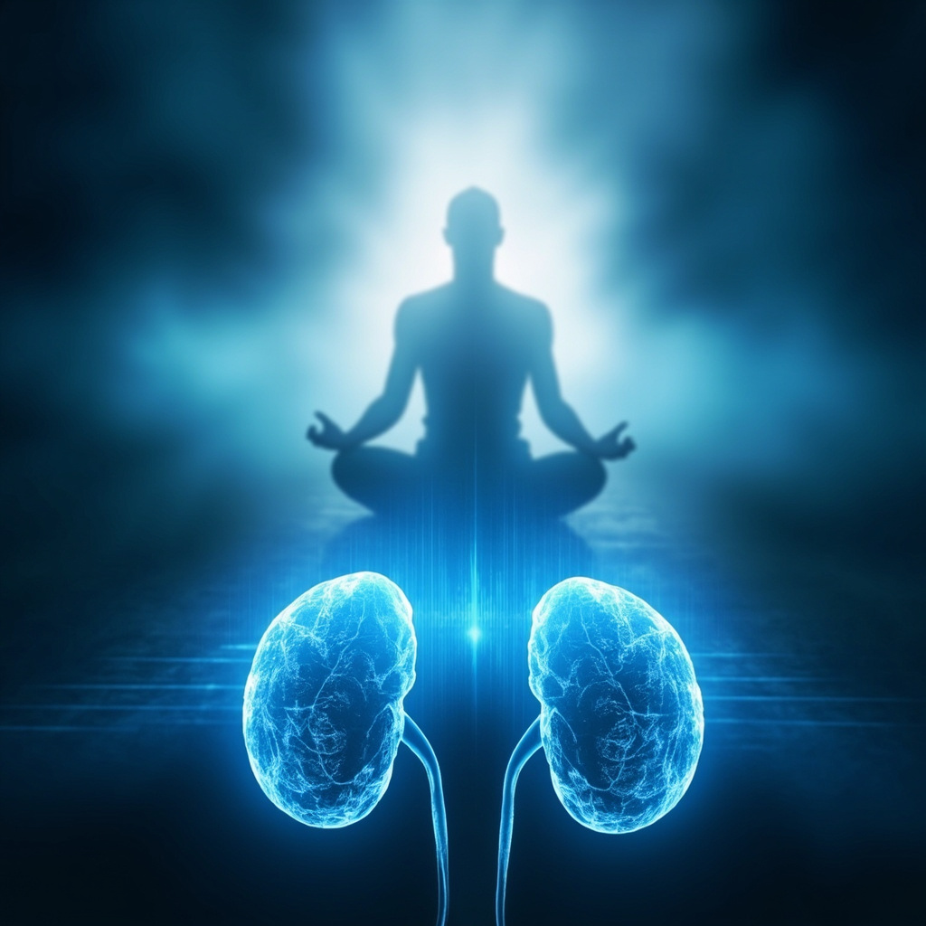 Serene illustration of adrenal glands above kidneys, glowing blue with harmonious frequency waves balancing hormones, calm person meditating in soft light background