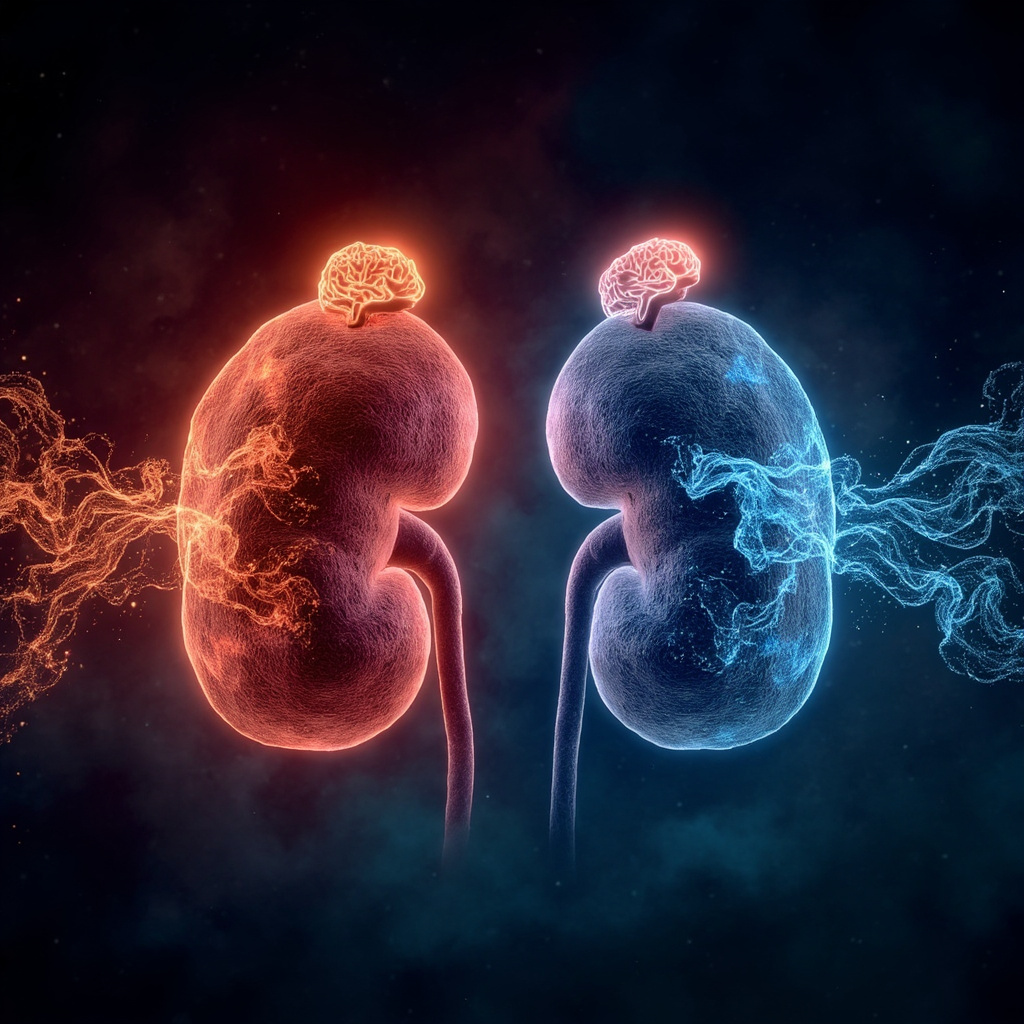 Illustration of adrenal glands above kidneys releasing glowing cortisol molecules that transform from chaotic red stress waves to harmonious blue calm flows, with brain icons showing emotional balance