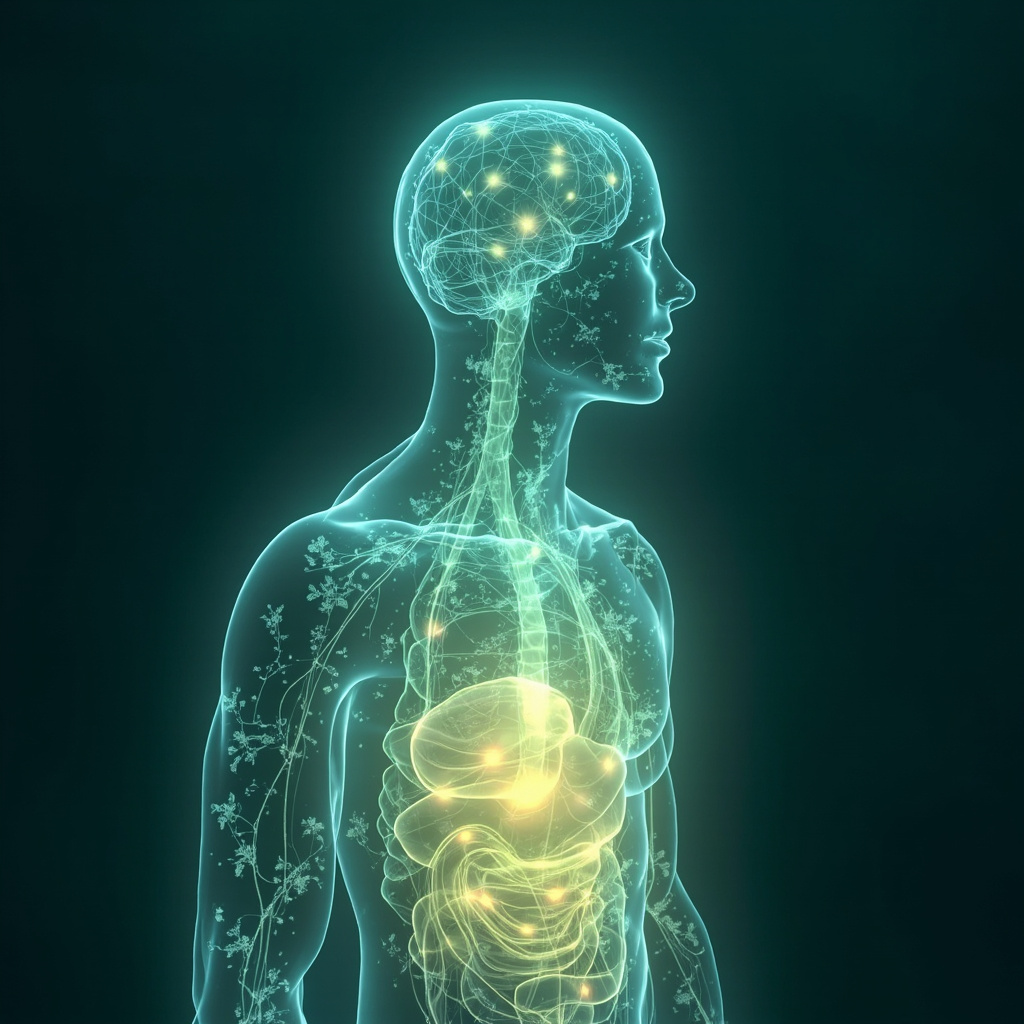 Illustration of a glowing human silhouette with a serene gut area connected by neural pathways to a calm brain, subtle parasitic forms harmonizing into balanced energy flows, soft blue and green tones.