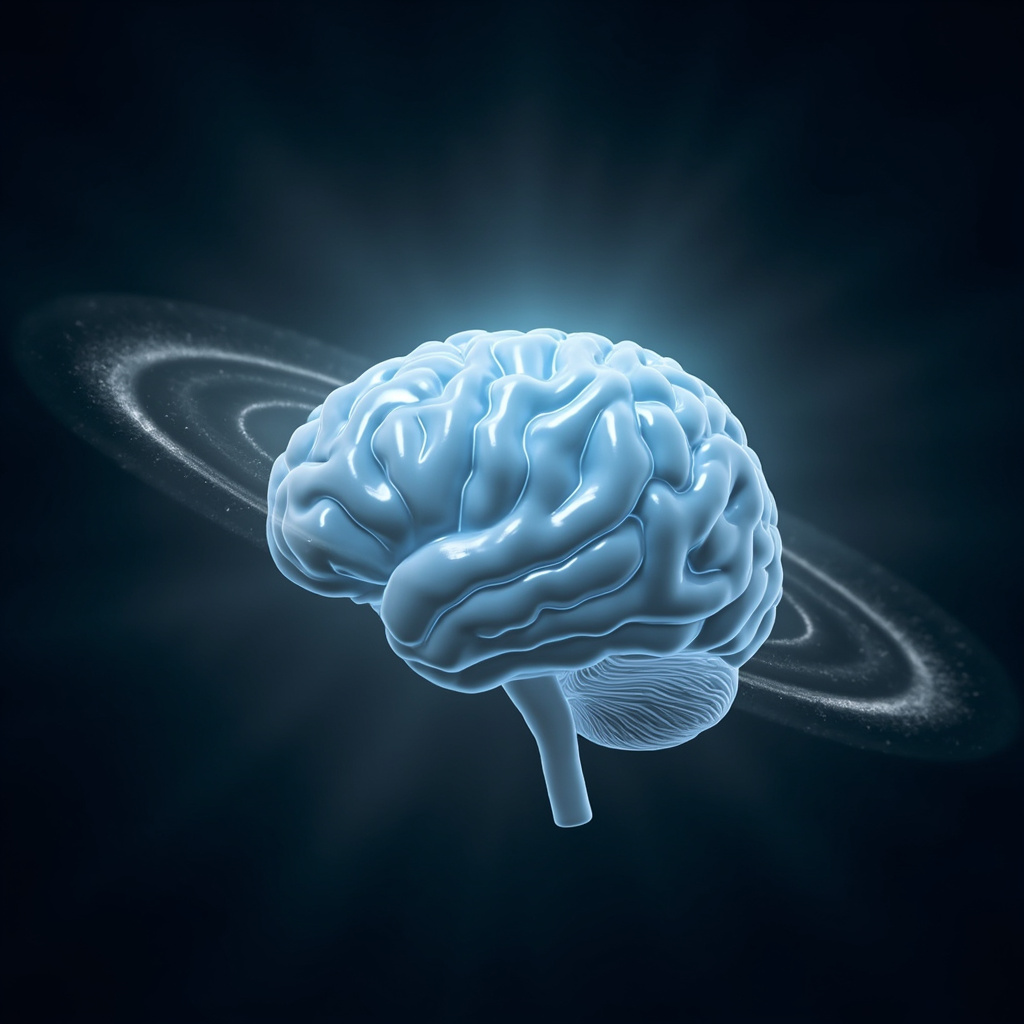 Serene human brain illustration with a highlighted prefrontal cortex area glowing in soft blue, symbolizing active short-term memory, surrounded by subtle wave patterns for neural activity and emotional balance, calm background.