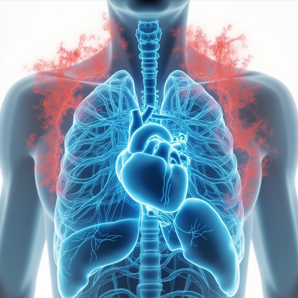 Illustration of the human chest cross-section highlighting the mediastinum in glowing blue between lungs, heart and trachea centered, soft energy waves flowing harmoniously, fading red stress clouds around edges, serene healing vibe.