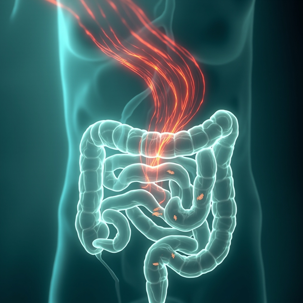 Soft medical illustration of human intestines with subtle glowing larvae causing red inflammation waves extending to brain symbolizing anxiety, in calming blue-green tones for health awareness.