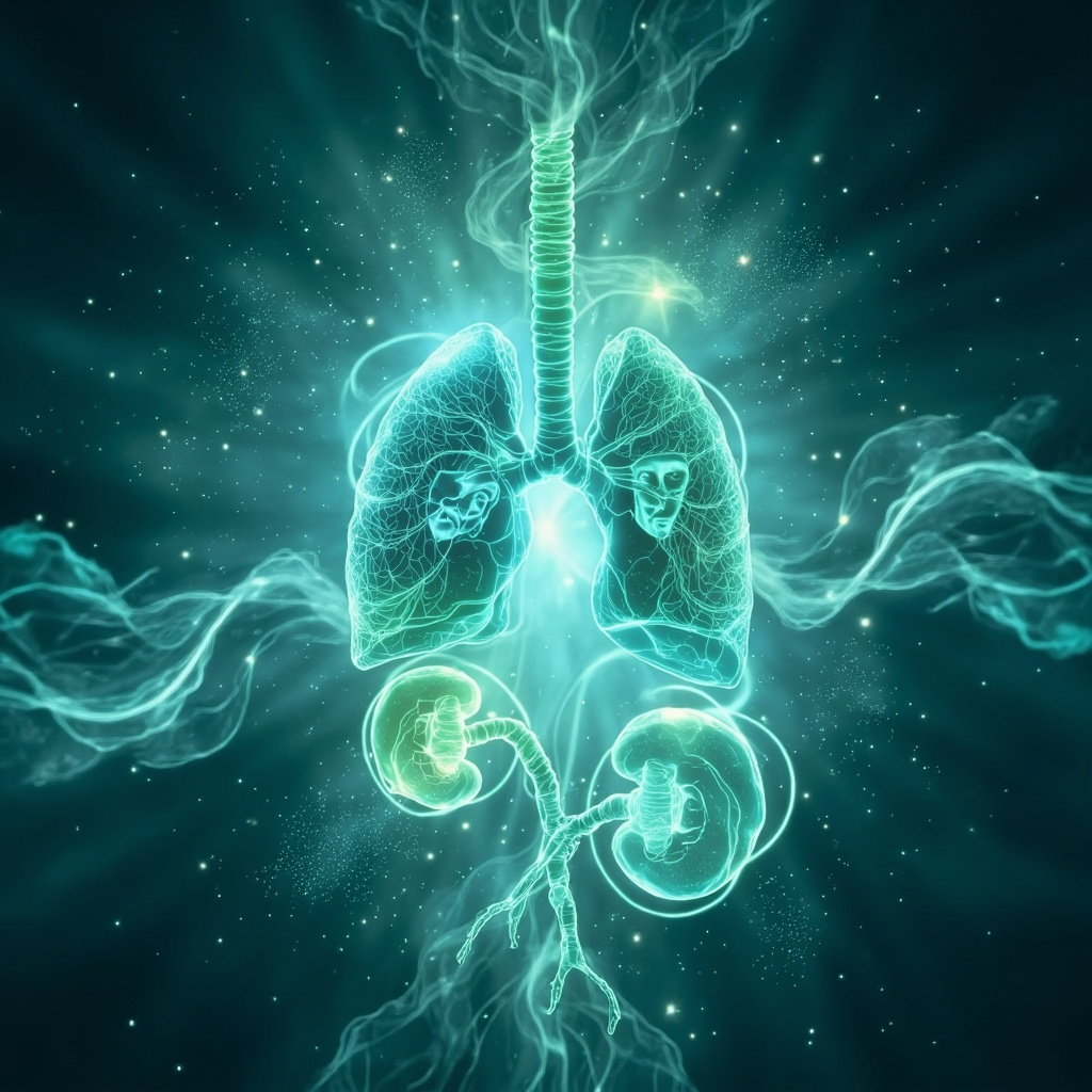 Serene illustration of glowing vital organs (heart, liver, kidneys, lungs) intertwined with soft energy waves and calm emotional faces, in peaceful blue and green hues, symbolizing balance and resilience.