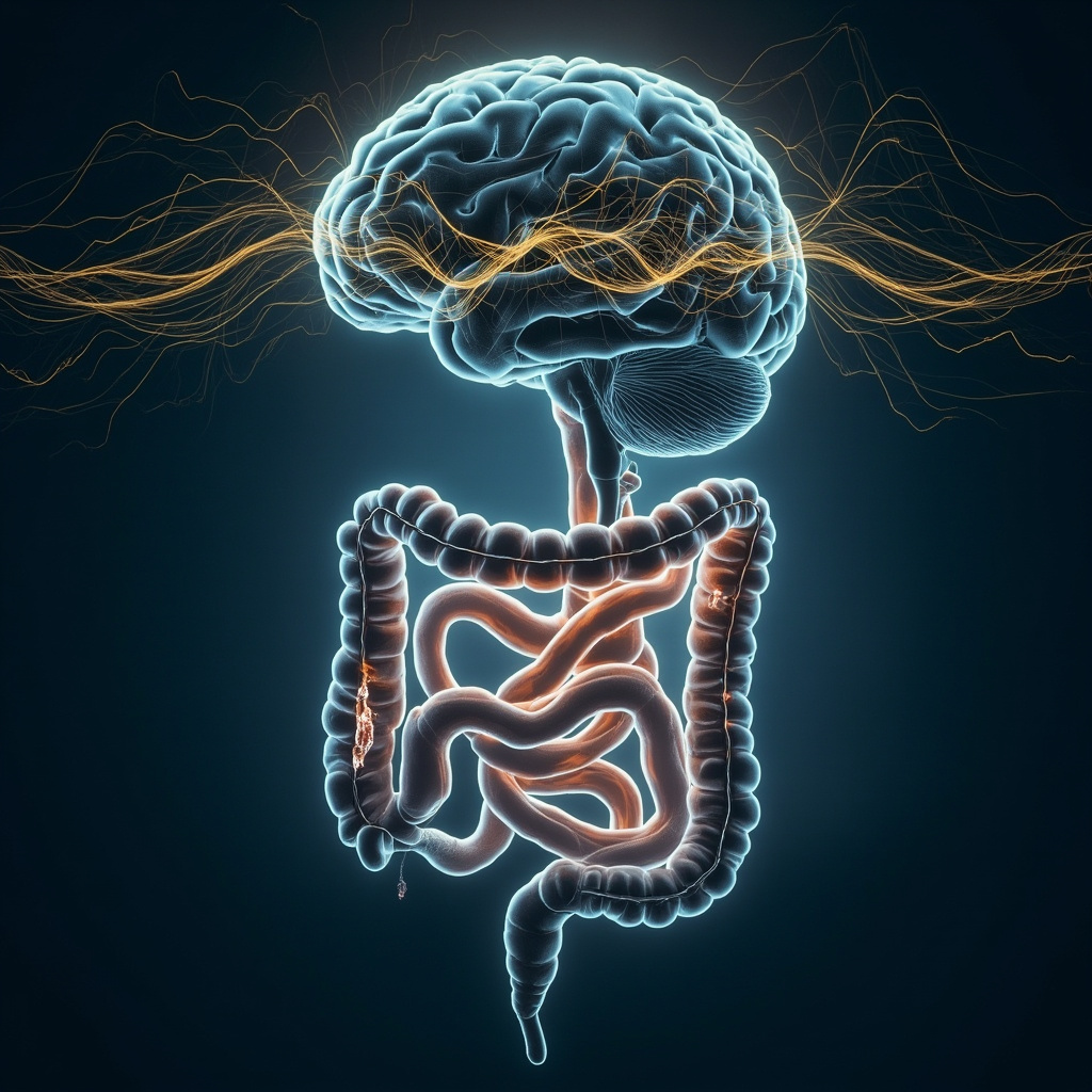 Soft medical illustration of human intestines with subtle Ascaris larvae, neural pathways connecting to a brain showing anxiety waves, in calming blues and warm accents to evoke gut-brain distress and hope for balance