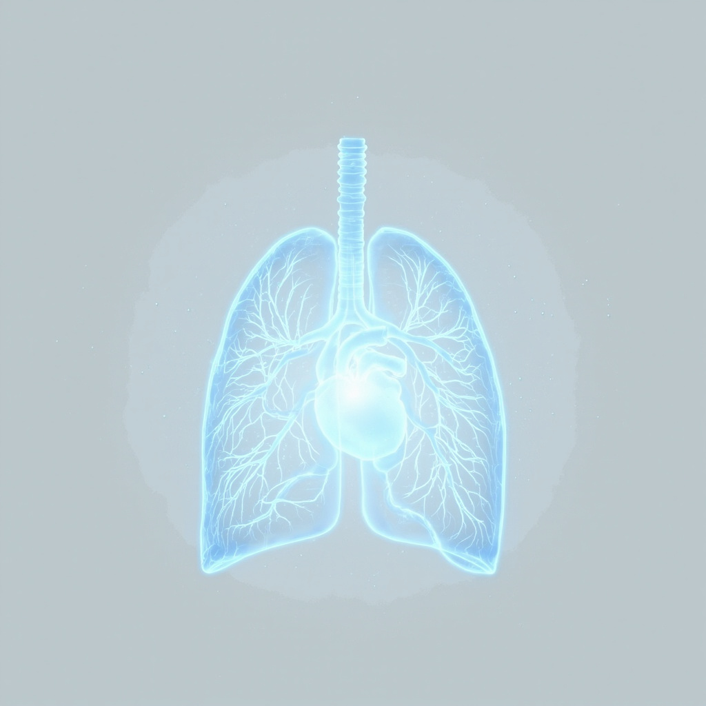 Serene anatomical illustration of the human chest showing the mediastinum between glowing lungs and heart, with soft blue energy waves flowing freely, evoking emotional release and balance, minimalist style.