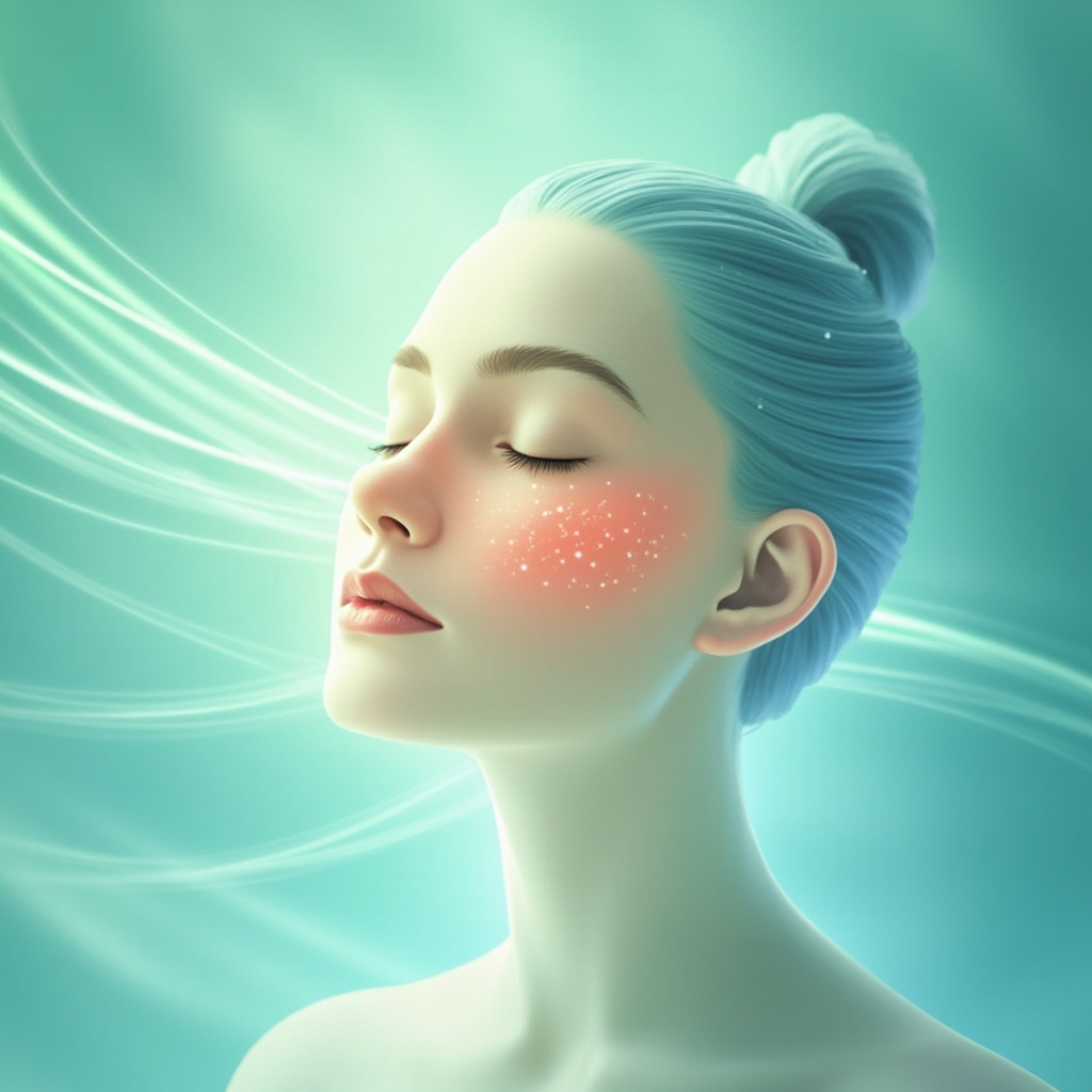 Illustration of a calm person meditating with subtle glowing energy waves balancing skin and mind, showing before-and-after clear skin from stress-induced hives, soft blue and green tones.