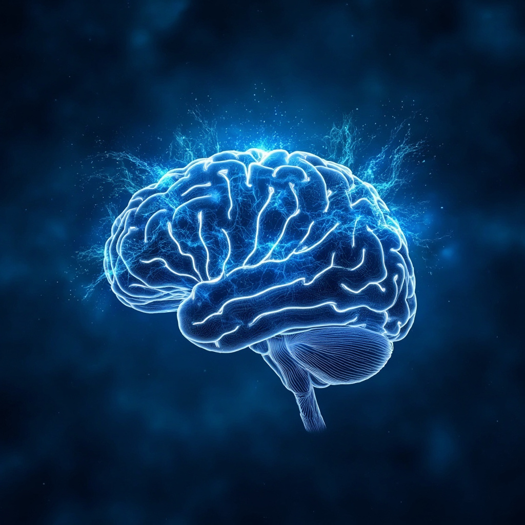 Illustration of a human brain with swirling obsessive thought loops being harmonized by glowing sound waves and microcurrent pulses, serene blue tones, representing balance and relief
