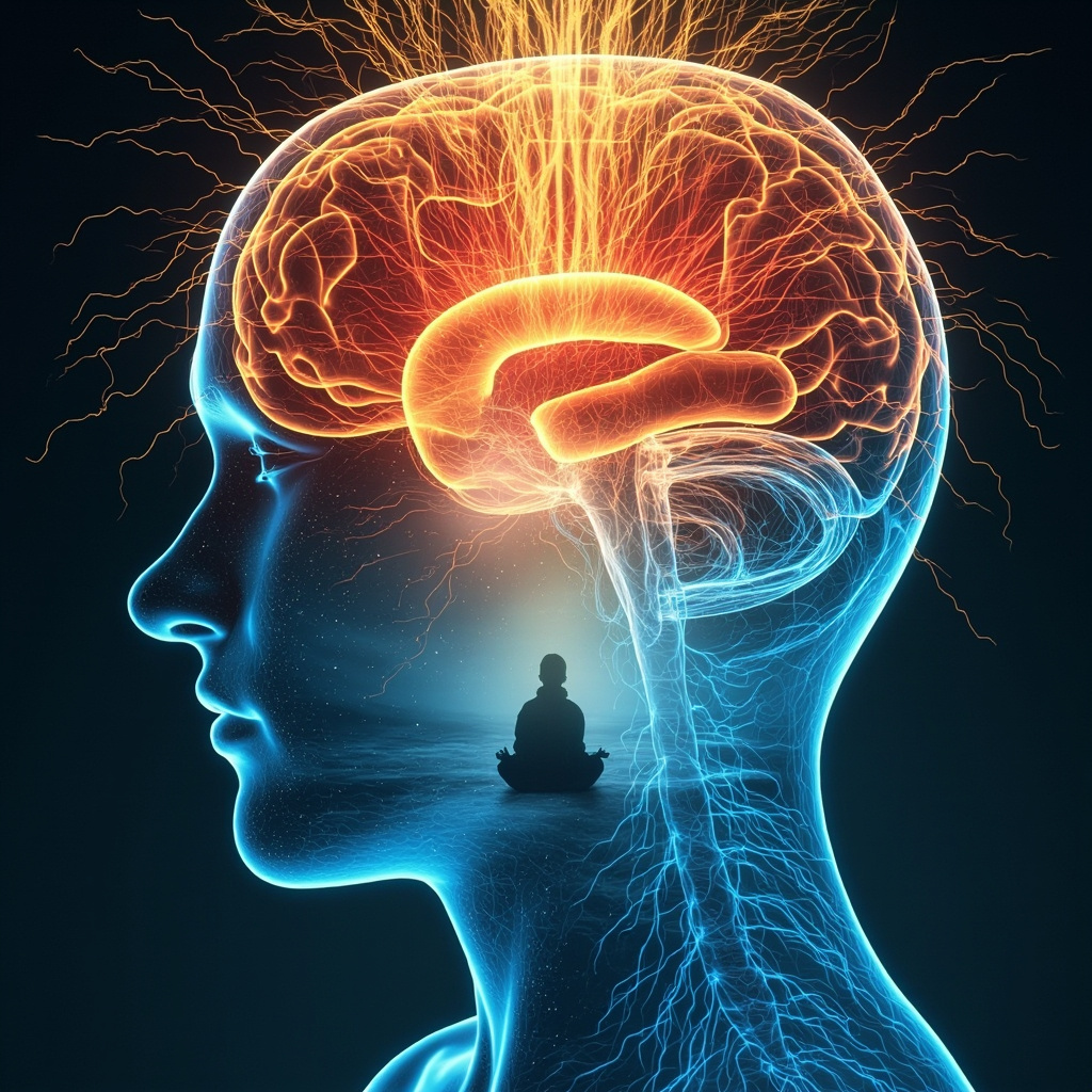 Illustration of human adrenal glands with the medulla glowing red from overactivity, stress hormones like adrenaline flowing to a tense brain, then calming blue frequencies balancing it, serene meditative figure in background, soft lighting.