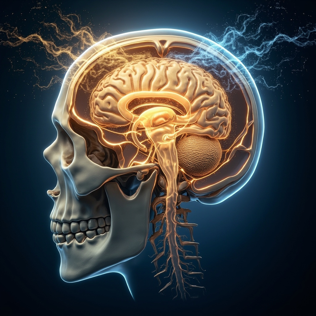 Illustration of a human skull cutaway revealing a glowing, protected brain in a stable cranial cavity, with soft energy waves balancing it, blue and gold tones, professional anatomical style for health article.