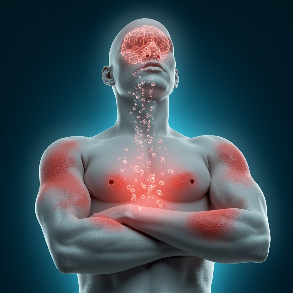 Illustration of pale skin erupting in red itchy hives on arms and torso, with faint overlay of a stressed brain emitting wavy stress signals connecting to skin cells releasing histamine bubbles, in calming blue tones with red accents, professional medical style