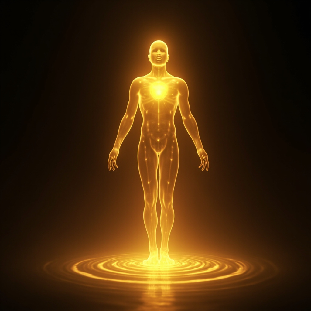 A serene, conceptual illustration of a human silhouette with a glowing, balanced core of golden light, with subtle ripple effects like water emanating from the heart and brain centers, representing bioelectric harmony and vitality.