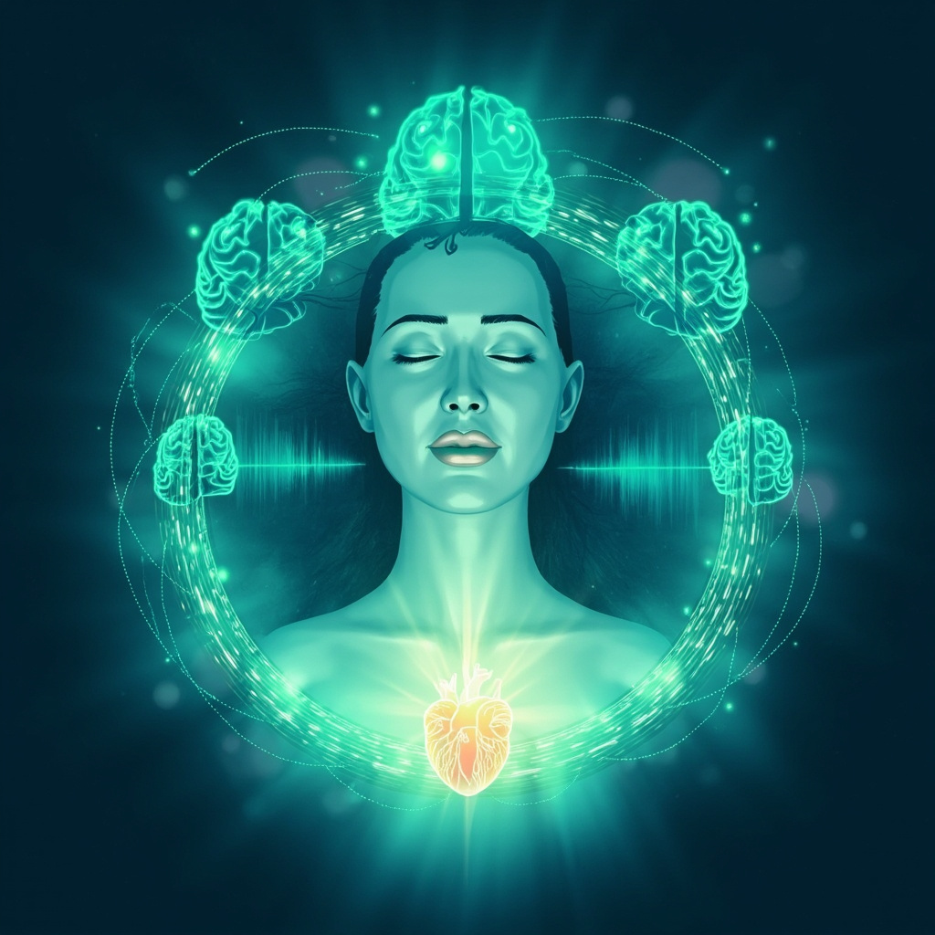 Illustration of a human figure breaking free from a cyclical loop of brain icons representing obsessive thoughts, with glowing frequency waves balancing the brain and heart in soft blue and green tones, serene expression on face.
