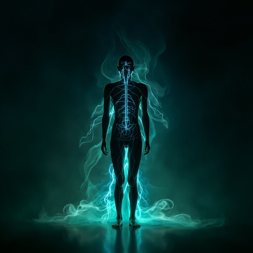 Illustration of a calm human silhouette with glowing blue peripheral nerves branching through the body, soft waves of green light representing emotional balance and stress relief flowing harmoniously, minimalist style, high resolution.