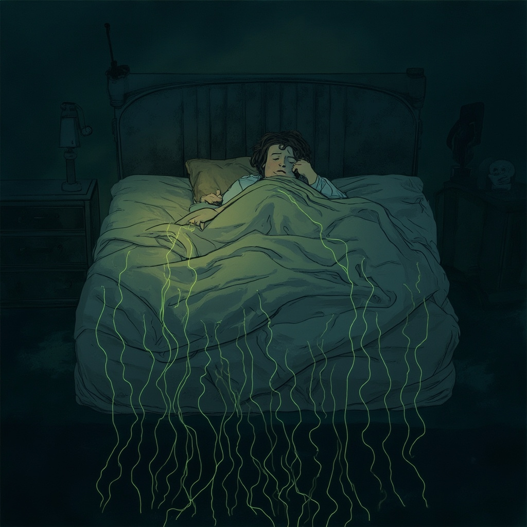 Illustration of a person lying in bed at night, with subtle wavy earth energy lines rising from the ground beneath, causing restless sleep and morning fatigue, in calming blues and earth tones, ethereal style.