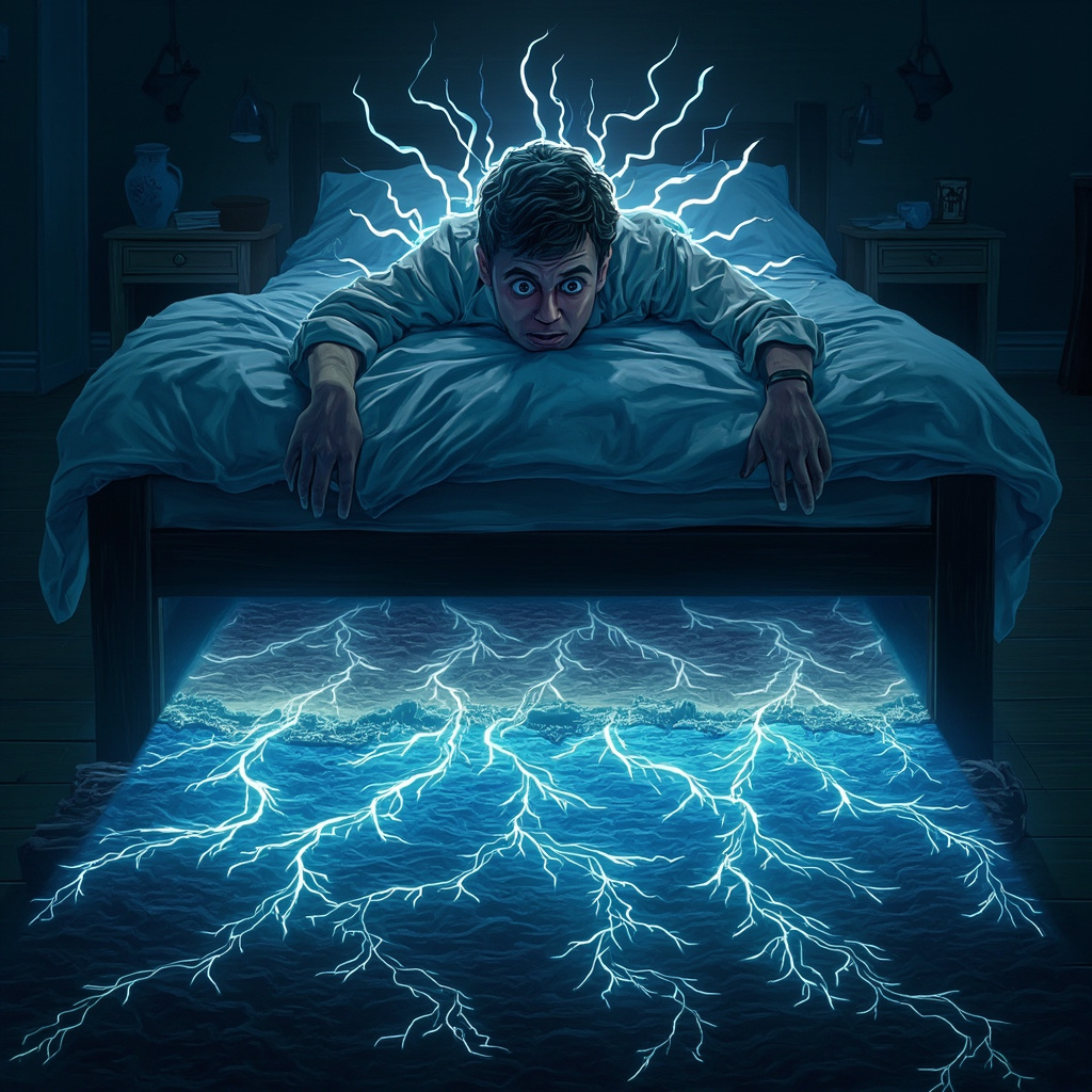 Illustration of a person lying awake in bed at night, with subtle glowing underground lines like water veins and faults emitting wavy disruptive energy upwards, causing restlessness; contrasted with a peaceful side showing balanced harmonious waves, soft earth tones and blue hues.