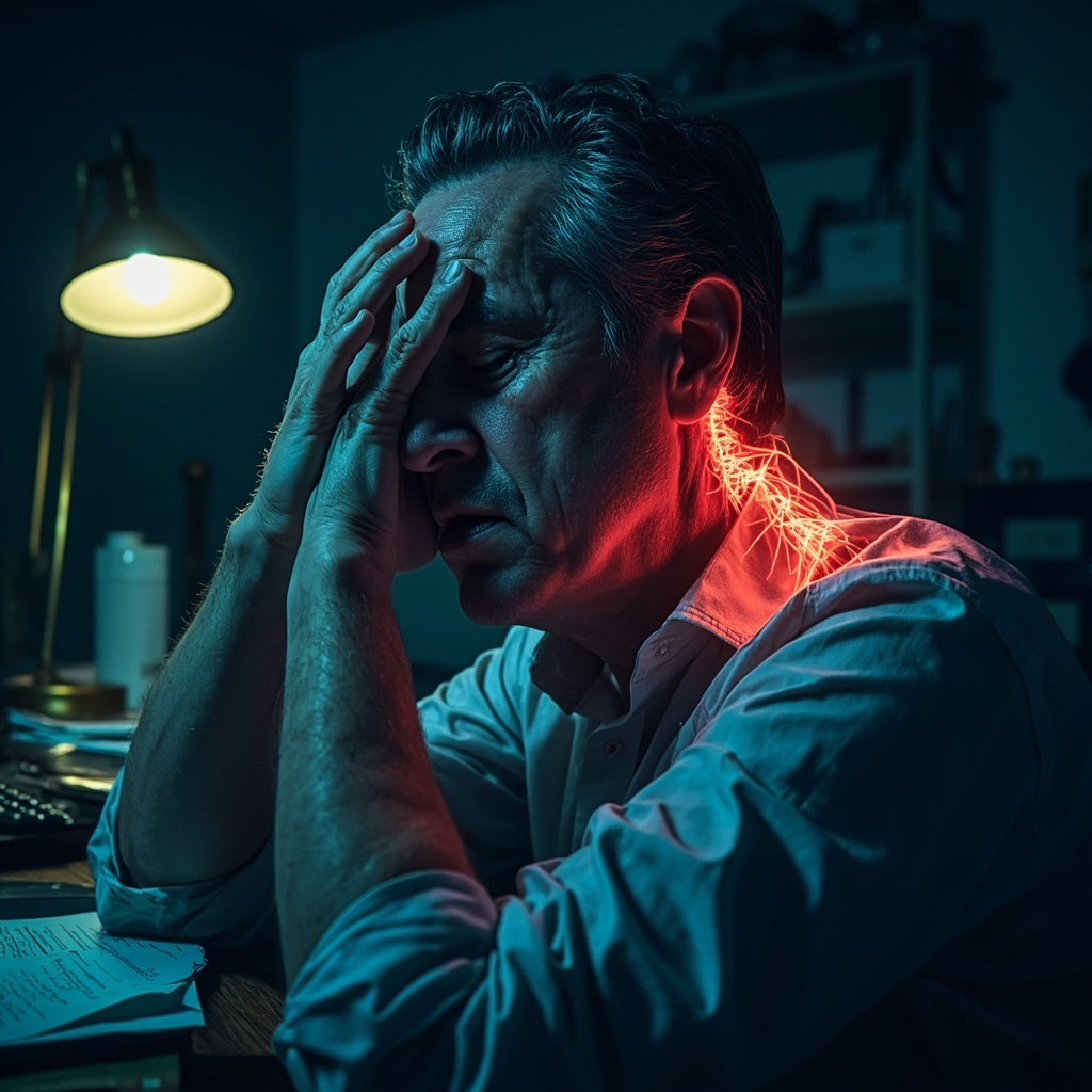Illustration of a person in their 40s holding their tense neck while stressed at a desk, with glowing energy lines showing stress flow from brain to shoulders, calm blue and red tones.