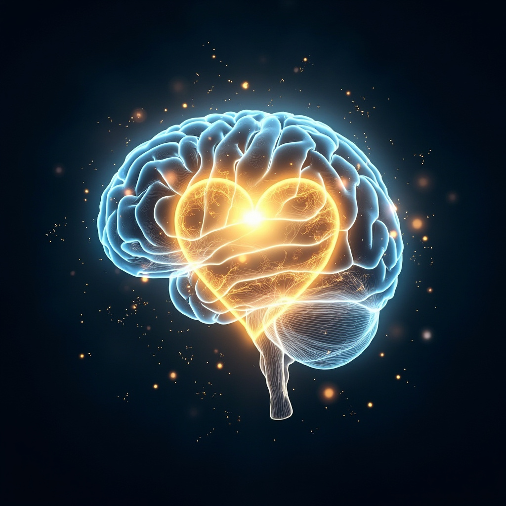 Illustration of a glowing brain connected to a radiant heart via neural pathways and energy waves, symbolizing harmony, emotional balance, and mental clarity in soft blues and golds.