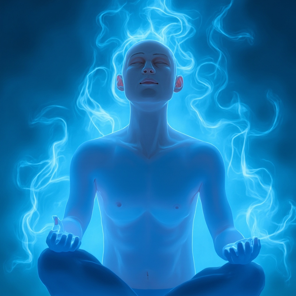 Serene illustration of a relaxed person with smooth, clear skin on arms, face, and head, surrounded by soft glowing blue energy waves symbolizing calm and healing frequencies, meditative pose