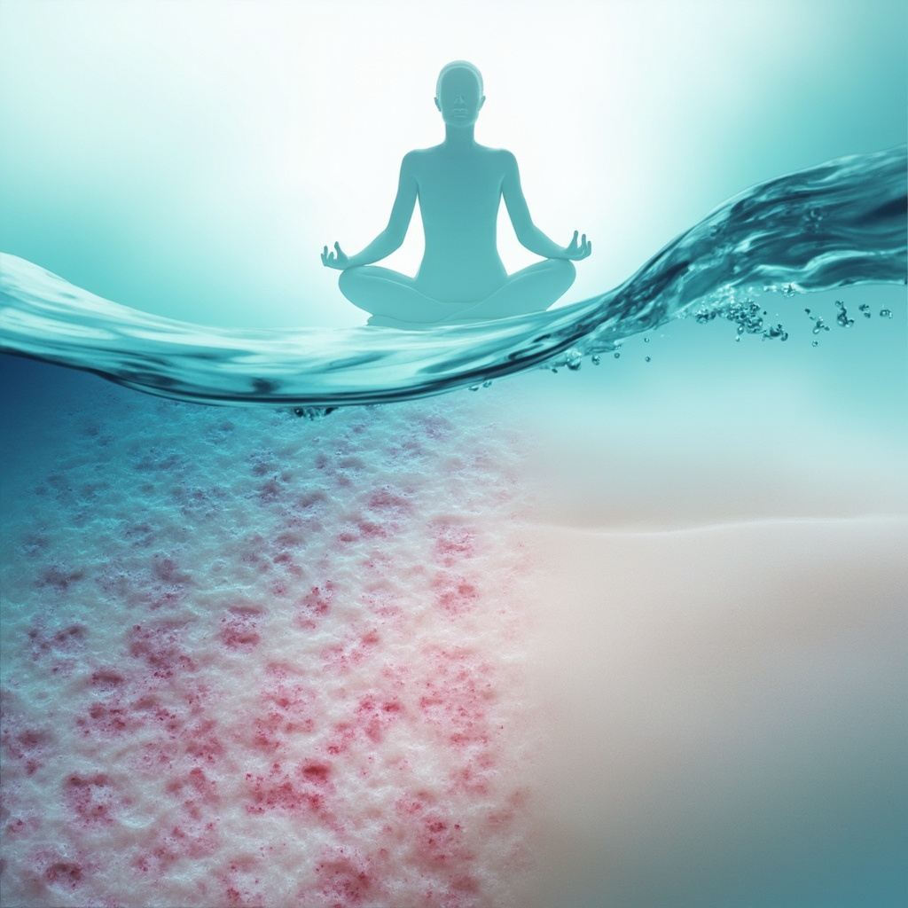 Illustration of red itchy hives on pale skin gradually fading into smooth clear skin, with soft blue calming waves symbolizing emotional balance and stress relief, a peaceful meditating silhouette in the background