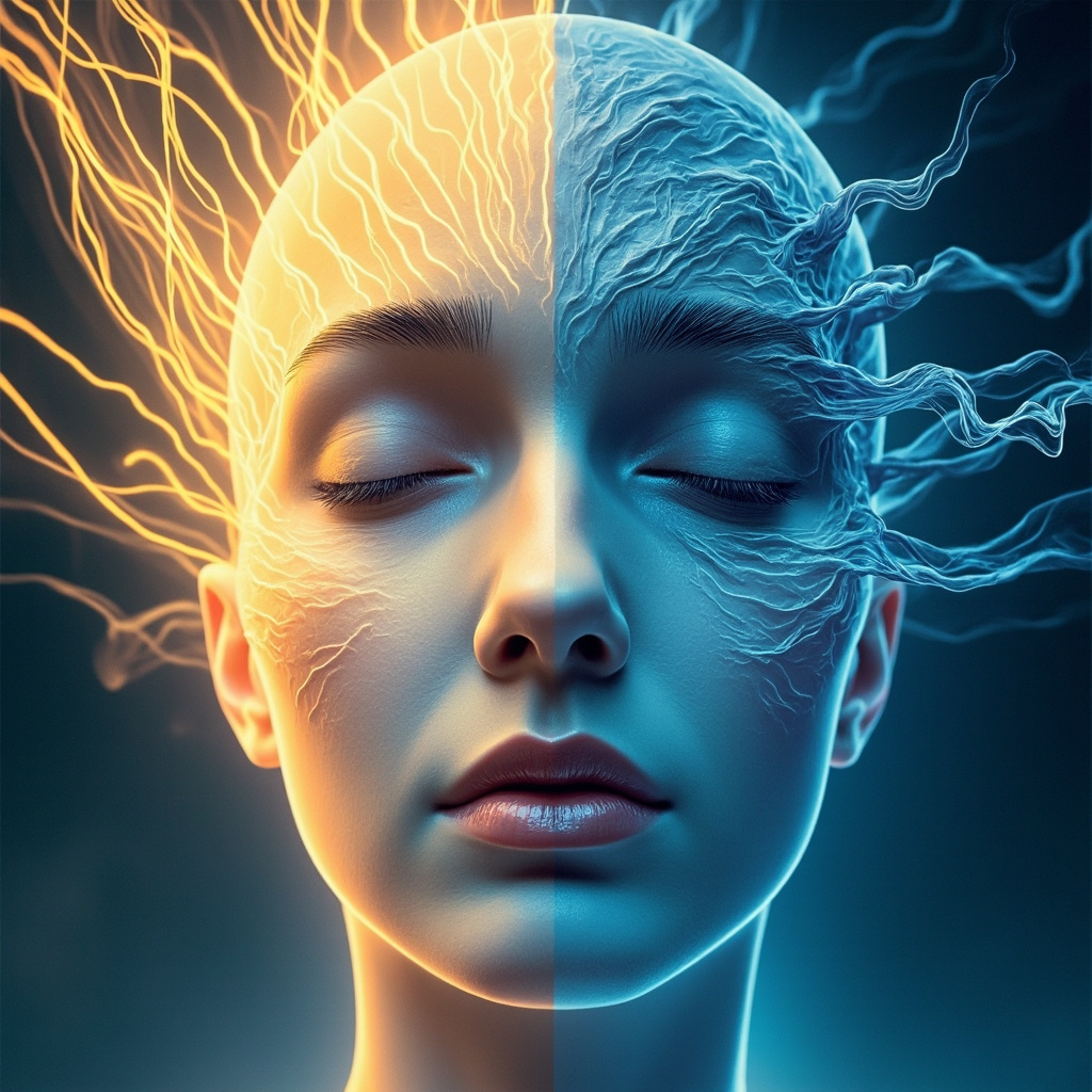 Illustration of a split-face person: one side joyful with upward energy waves, other side sad with chaotic jagged waves around heart and brain, soft blue tones symbolizing emotional balance restoration
