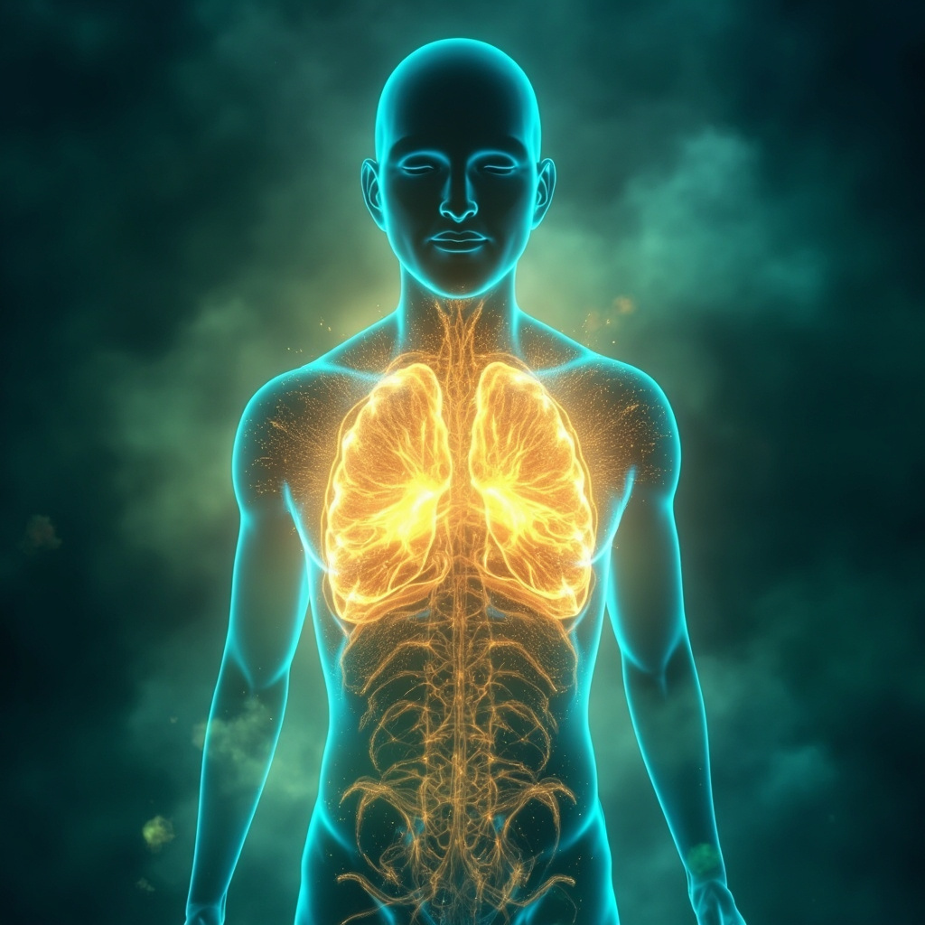 Abstract illustration of a human silhouette with glowing heart, kidney, and brain areas connected by flowing energy waves in blue and red tones, symbolizing balanced desires and emotions.