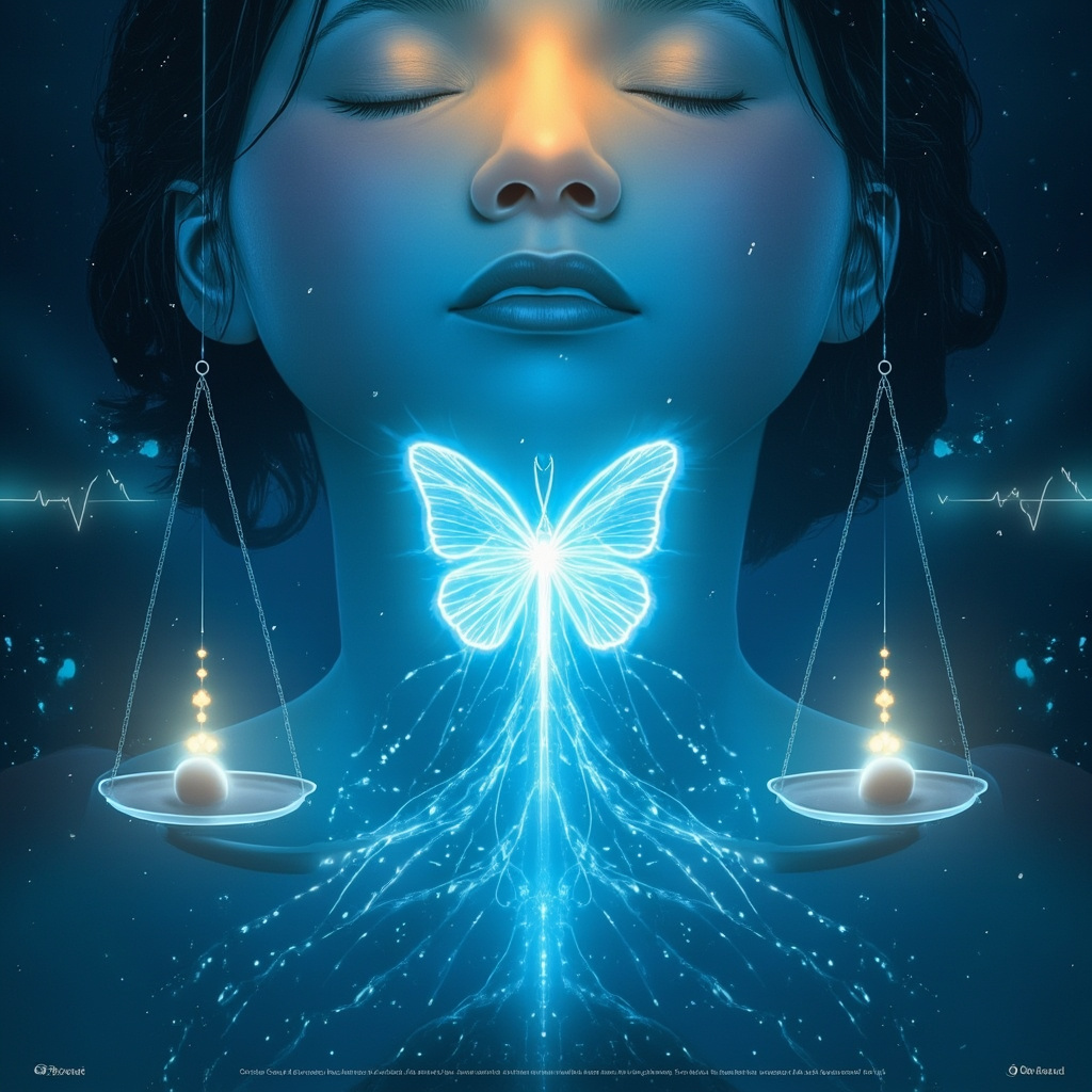 A serene illustration of a human brain with gray matter regions glowing in soft blue and purple hues, surrounded by gentle sound waves and meditative light pulses symbolizing balance and healing.