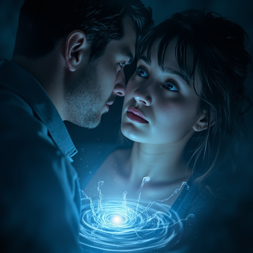 Illustration of a thoughtful woman looking at her partner with doubt in eyes, subtle glowing energy waves disrupted around the heart area, soft blue tones, realistic style